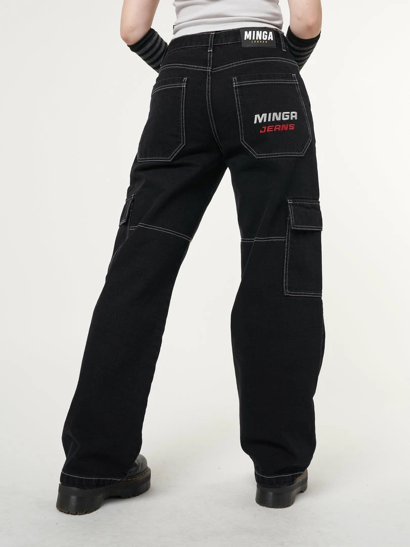 Minga London Jet Black Y2K Contrast Stitch Cargo Pants