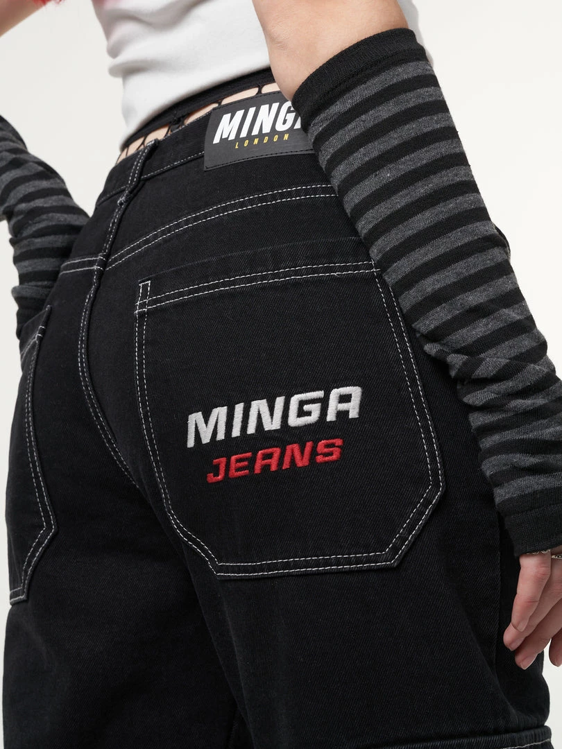 Minga London Jet Black Y2K Contrast Stitch Cargo Pants