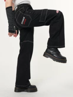 Minga London Jet Black Y2K Contrast Stitch Cargo Pants