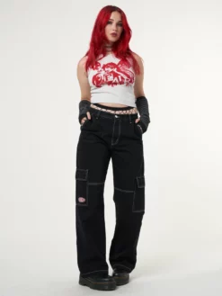 Minga London Jet Black Y2K Contrast Stitch Cargo Pants