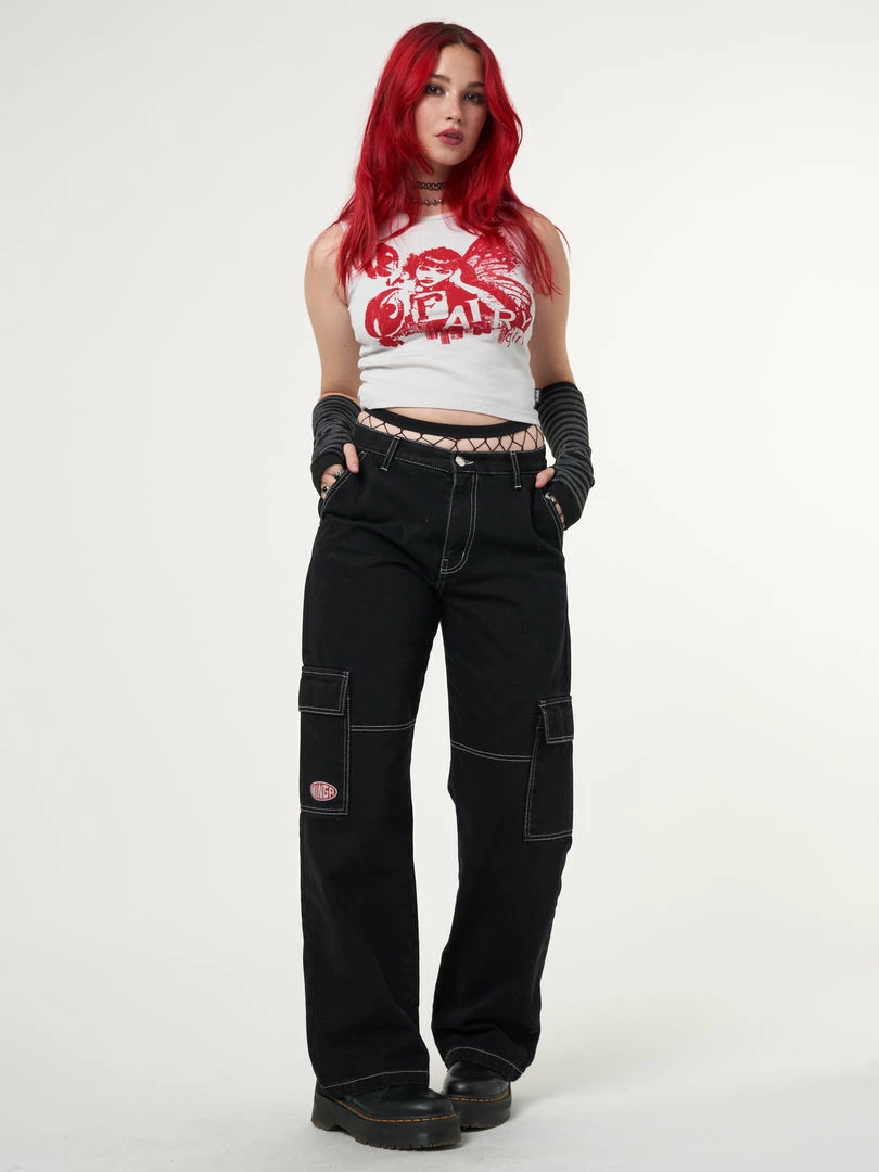 Minga London Jet Black Y2K Contrast Stitch Cargo Pants