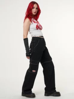 Minga London Jet Black Y2K Contrast Stitch Cargo Pants