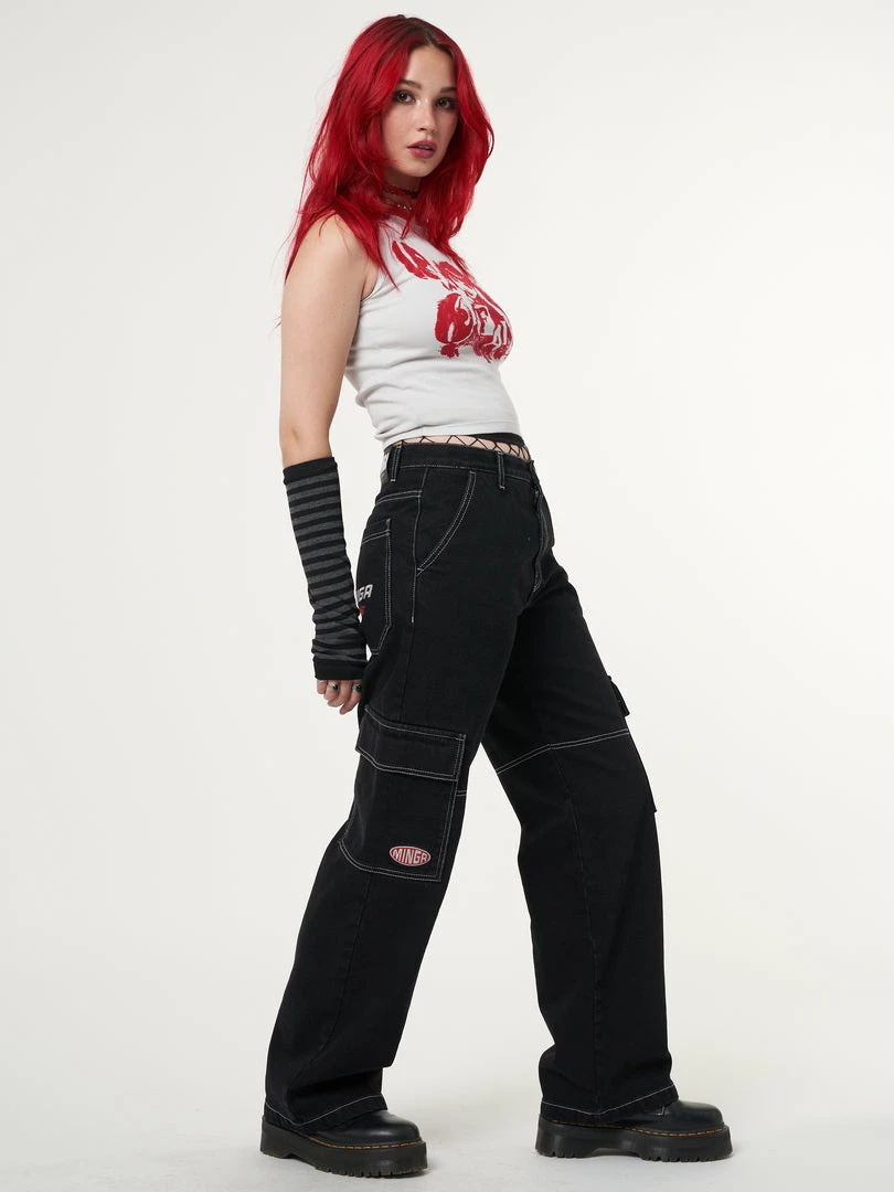 Minga London Jet Black Y2K Contrast Stitch Cargo Pants