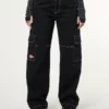 Minga London Jet Black Y2K Contrast Stitch Cargo Pants