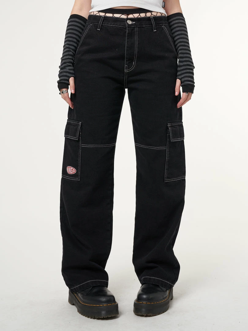 Minga London Jet Black Y2K Contrast Stitch Cargo Pants