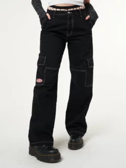 Minga London Jet Black Y2K Contrast Stitch Cargo Pants