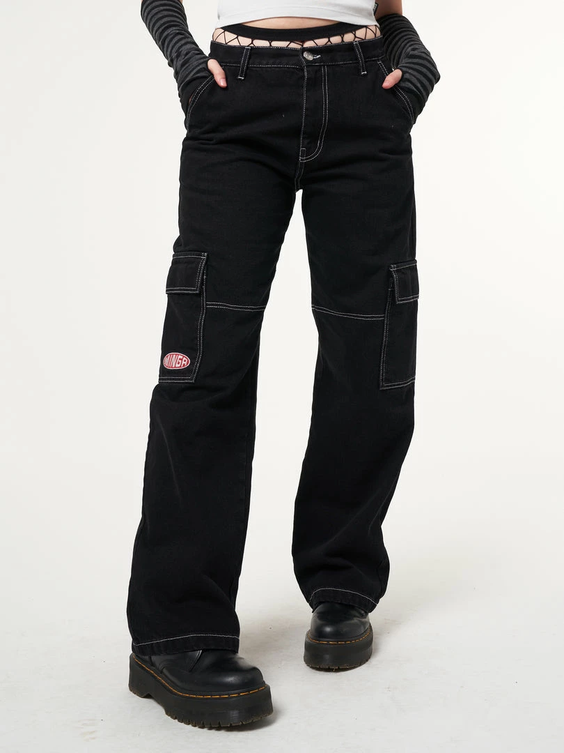 Minga London Jet Black Y2K Contrast Stitch Cargo Pants
