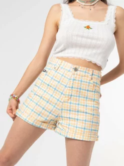 Minga London Joy Check Denim Mom Shorts