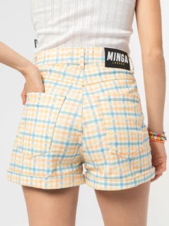 Minga London Joy Check Denim Mom Shorts