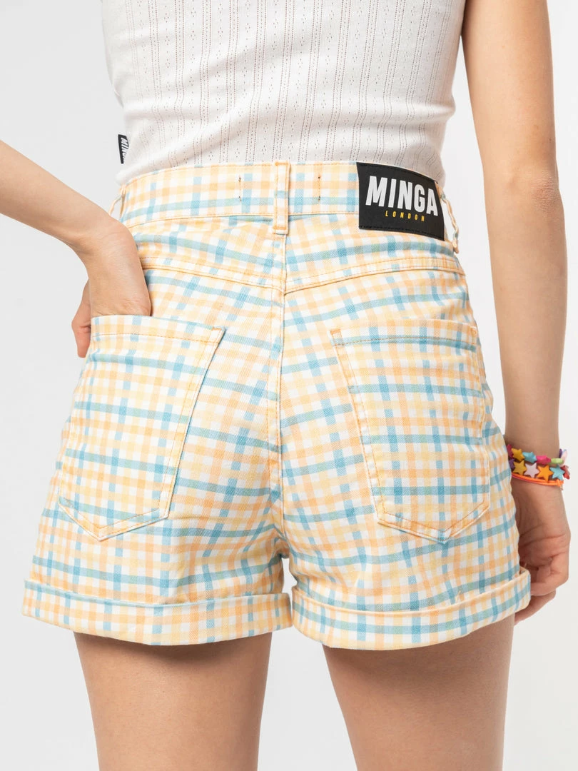 Minga London Joy Check Denim Mom Shorts