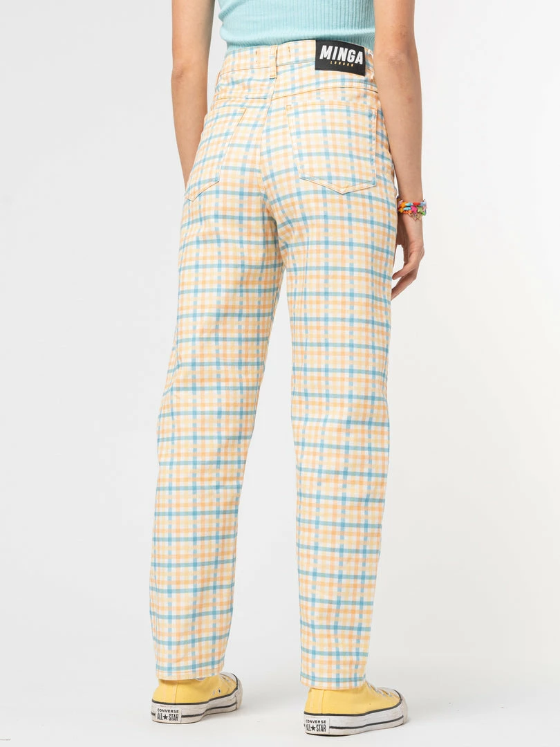 Minga London Joy Check Denim Mom Jeans Clothing