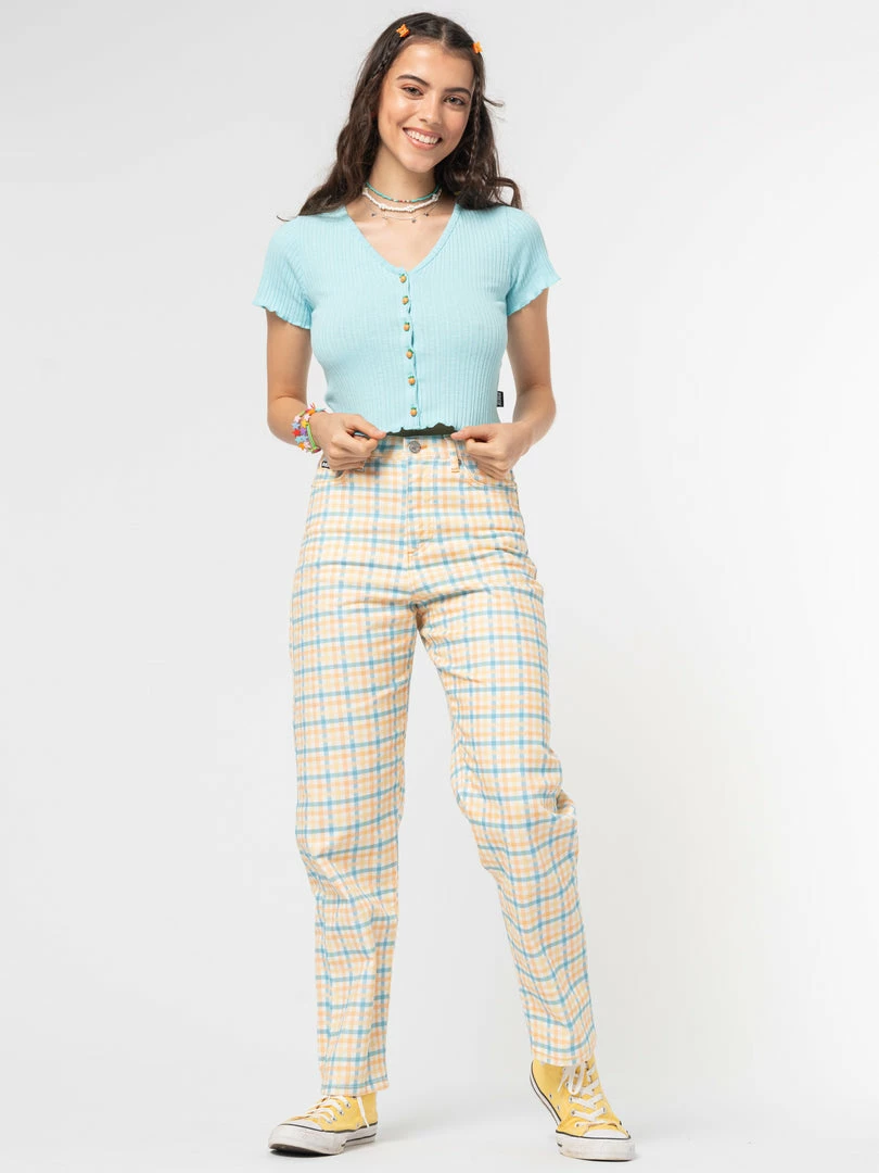 Minga London Joy Check Denim Mom Jeans Clothing