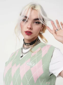 Minga London Milkshake Argyle Knitted Sweater Vest Clothing