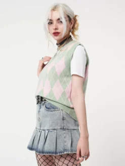 Minga London Milkshake Argyle Knitted Sweater Vest Clothing
