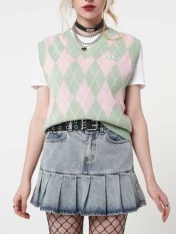 Minga London Milkshake Argyle Knitted Sweater Vest Clothing