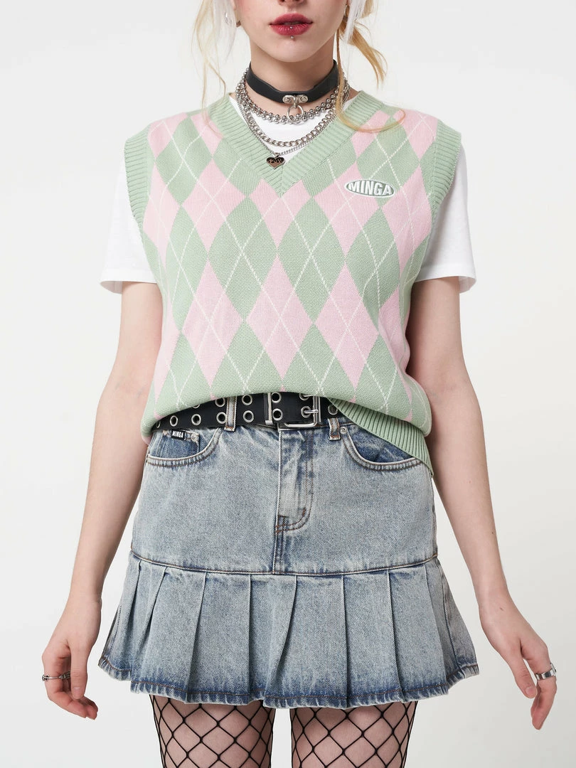 Minga London Milkshake Argyle Knitted Sweater Vest Clothing