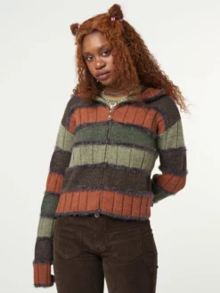 Minga London Pixie Striped Zip Up Hood Knit Cardigan