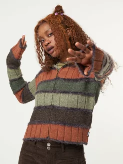 Minga London Pixie Striped Zip Up Hood Knit Cardigan