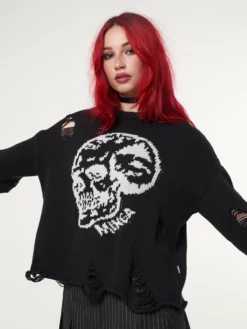 Minga London Skull Kid Black Distressed Jumper Clothing