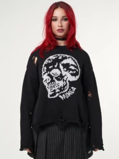 Minga London Skull Kid Black Distressed Jumper Clothing