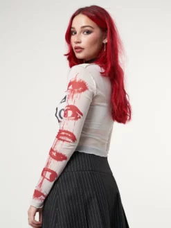 Minga London Stained Eyes Graphic Mesh Crop Top