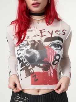 Minga London Stained Eyes Graphic Mesh Crop Top