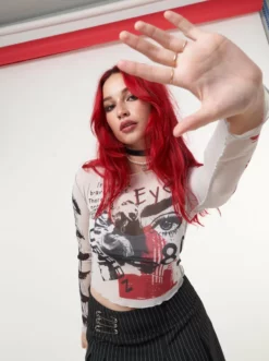 Minga London Stained Eyes Graphic Mesh Crop Top