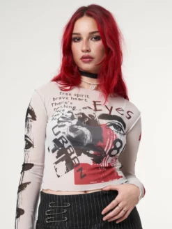 Minga London Stained Eyes Graphic Mesh Crop Top
