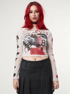 Minga London Stained Eyes Graphic Mesh Crop Top