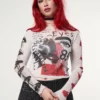 Minga London Stained Eyes Graphic Mesh Crop Top