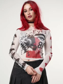 Minga London Stained Eyes Graphic Mesh Crop Top