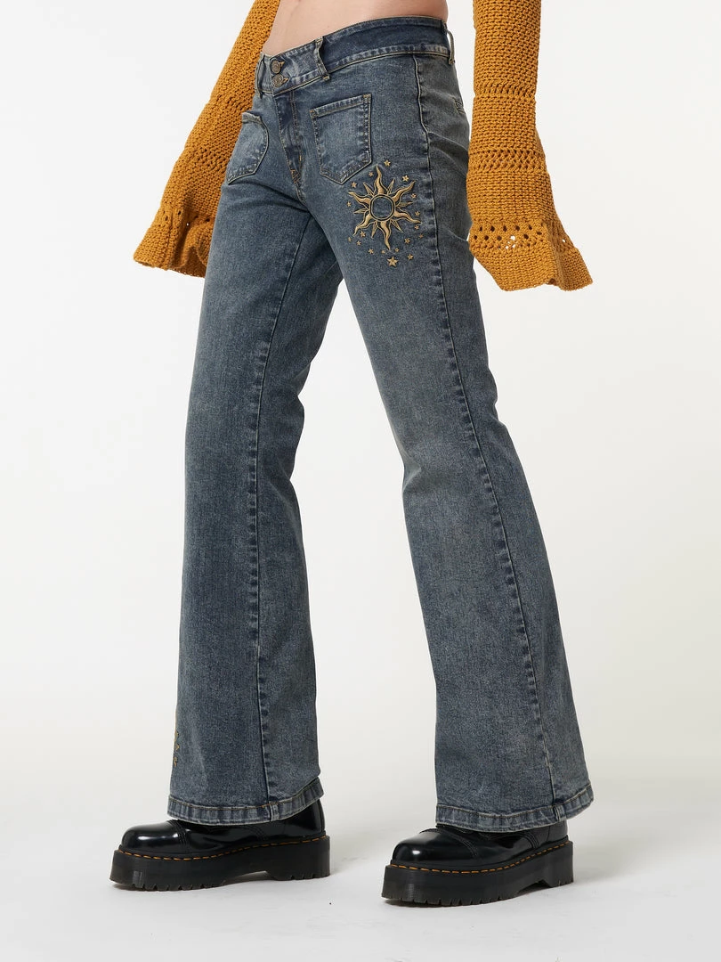 Minga London Most Wanted Stella Front Pocket Embroidered Flare Jeans