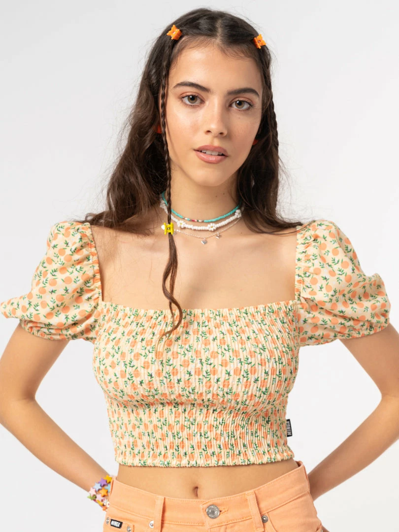Minga London Fresh Oranges Shirred Puff Sleeve Top