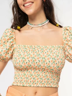 Minga London Fresh Oranges Shirred Puff Sleeve Top