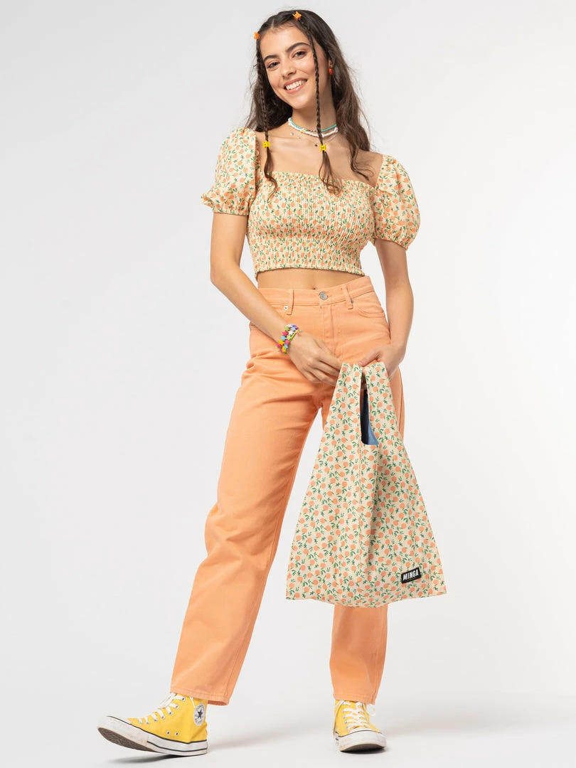 Minga London Fresh Oranges Shirred Puff Sleeve Top