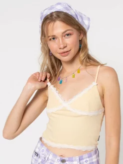 Minga London Vanilla Lace Trim Rib Cami Top Clothing