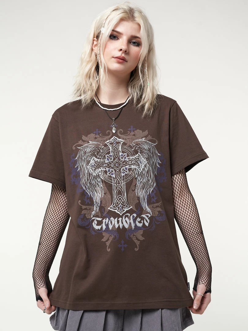 Minga London Winged Cross Brown T-shirt