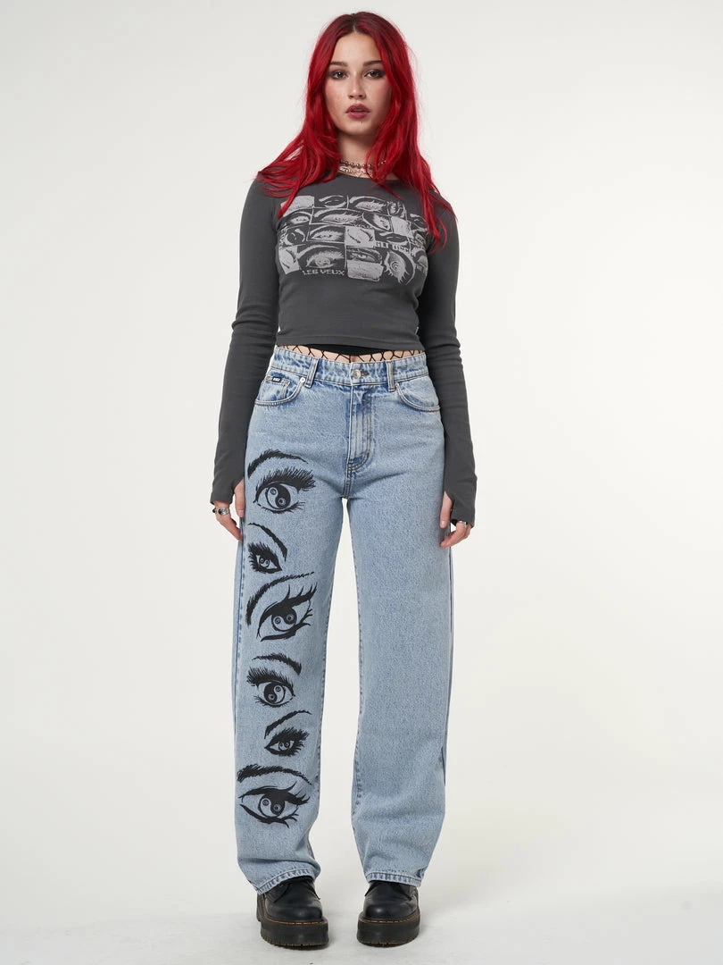 Minga London Most Wanted Yin Yang Eyes Printed Loose Fit Straight Leg Jeans