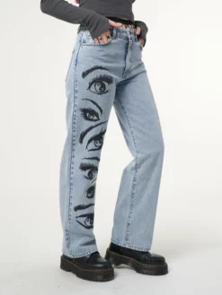 Minga London Most Wanted Yin Yang Eyes Printed Loose Fit Straight Leg Jeans