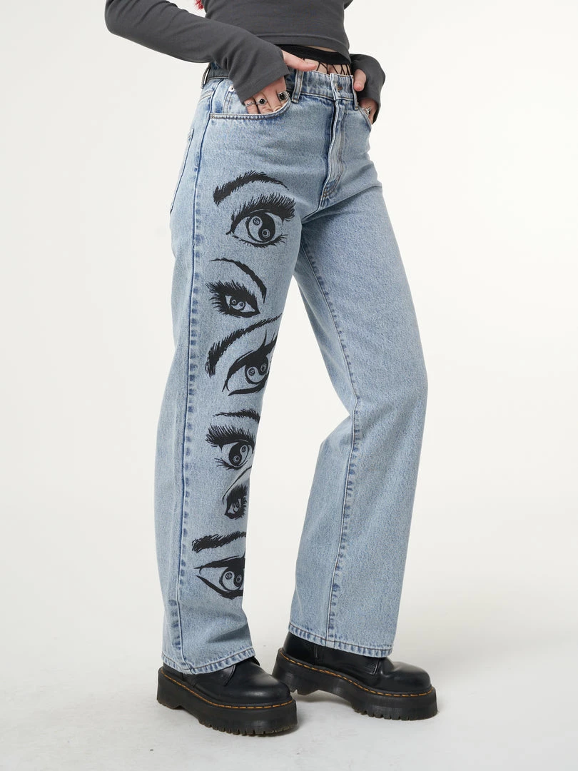Minga London Most Wanted Yin Yang Eyes Printed Loose Fit Straight Leg Jeans