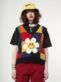 Minga London Minga X Strangervinyl Happy Flower Rainbow Check Vest