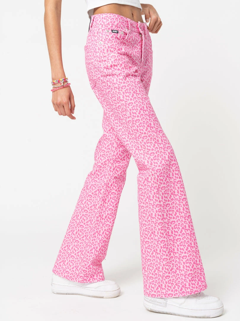 Minga London Clothing Pink Leopard Flare Jeans