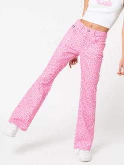 Minga London Clothing Pink Leopard Flare Jeans