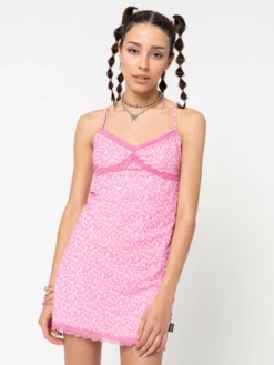 Minga London Pink Leopard Lace Trim Cami Dress
