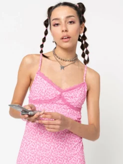 Minga London Pink Leopard Lace Trim Cami Dress