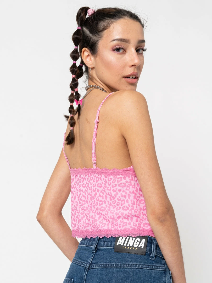 Minga London Pink Leopard Lace Trim Cami Top Clothing