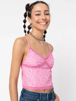 Minga London Pink Leopard Lace Trim Cami Top Clothing