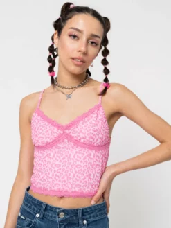 Minga London Pink Leopard Lace Trim Cami Top Clothing