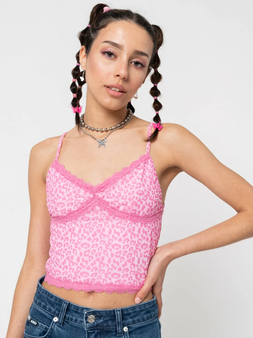 Minga London Pink Leopard Lace Trim Cami Top Clothing