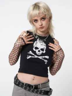 Minga London Most Wanted Skull Crossbones Black Vest Top